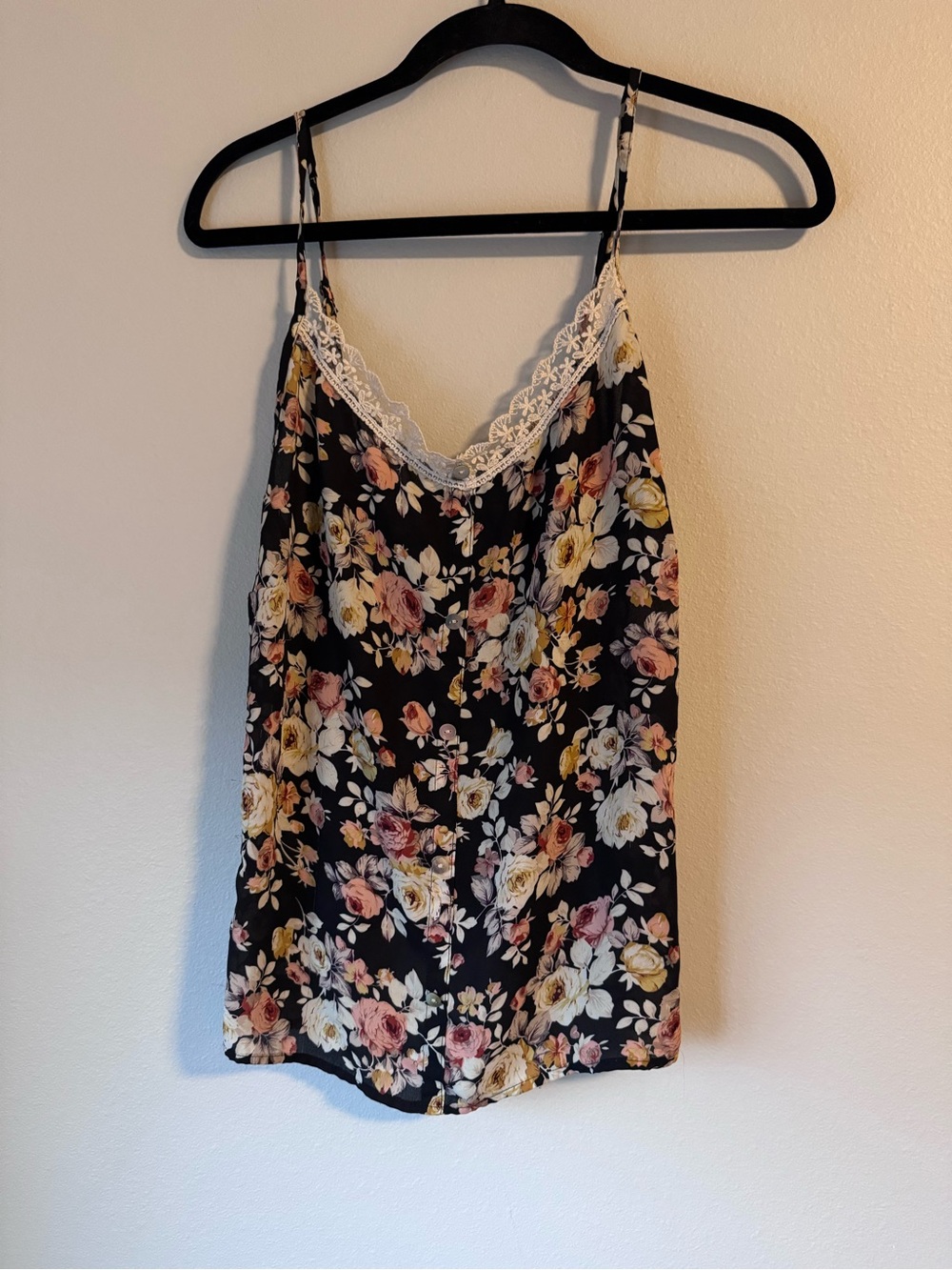 Floral Lace-Trim Cami Tank Top - Black with Rose Print